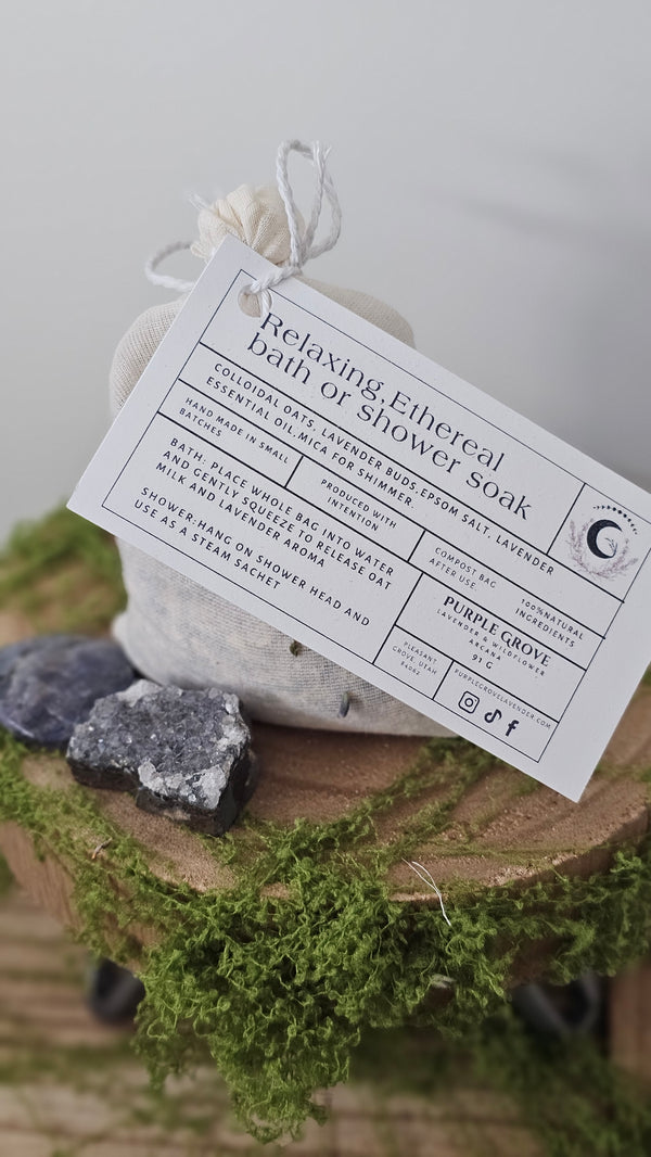 Purple Grove Lavender single-use bath soak sachet with product label