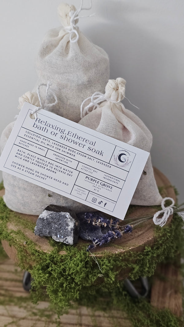 Three handcrafted lavender bath soak sachets for relaxing baths. Label; Relaxing Etherial Bath soak.